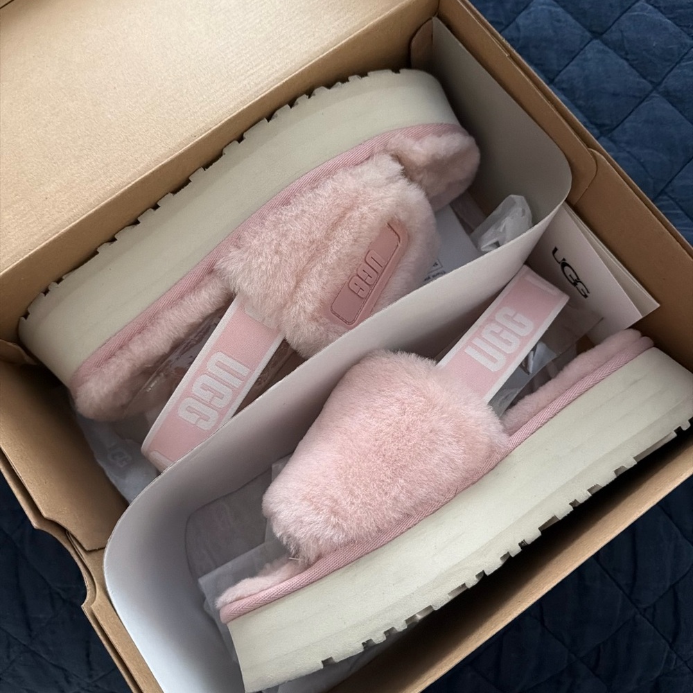 UGG Pink Fluffy Platform Sandals, gently used.
